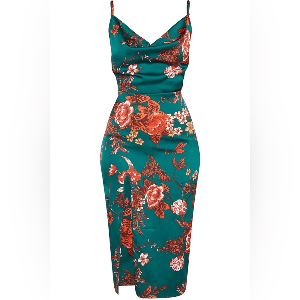 PrettyLittleThing Emerald Green Floral Midi Dress